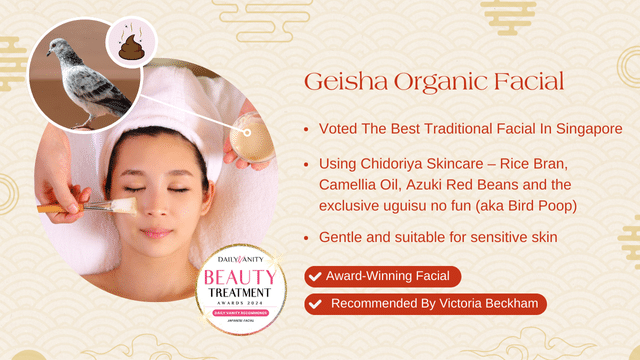 Promotional poster for Geisha Organic Facial featuring skincare ingredients and a pigeon image. Highlights include award-winning status and celebrity endorsement.
