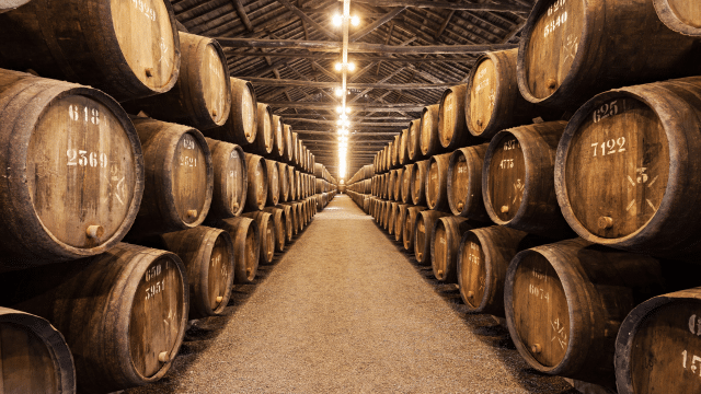 A long hallway filled with rows of large, aged wooden barrels brimming with Japanese whisky, under a high, rustic ceiling lit by overhead lights.