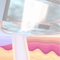 Abstract image featuring a transparent glass with a liquid and a colorful wavy pattern in the background.