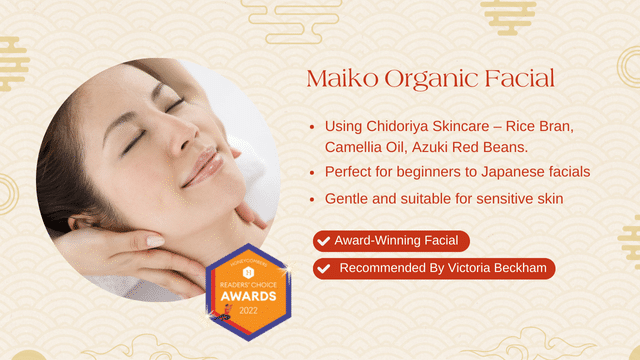 Woman receiving a facial massage, with text listing features of the Maiko Organic Facial and awards.