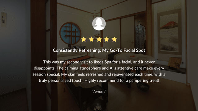 Spa review with 5 stars. Praises calming atmosphere, personalized touch, and attentive care. Describes skin feeling refreshed and rejuvenated. Recommends for a pampering treat.