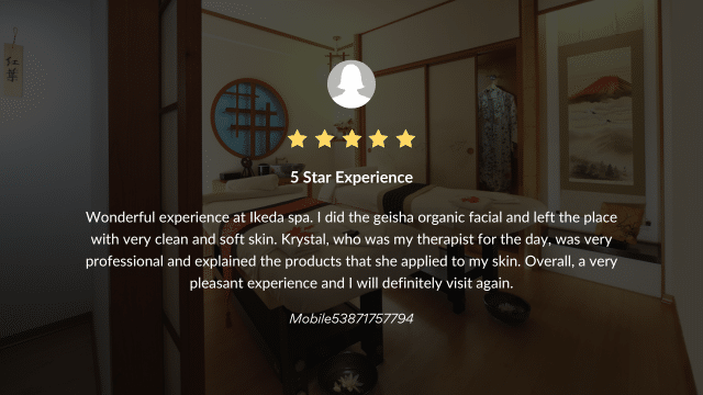 A 5-star review for Ikeda spa highlights a positive experience with an organic facial treatment and professional service by Krystal. The review includes a contact number at the bottom.