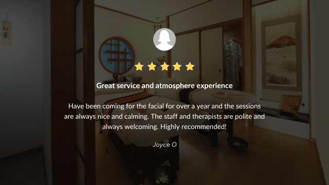 Testimonial about a spa, highlighting excellent service and atmosphere, featuring a serene room with massage tables and calming decor.