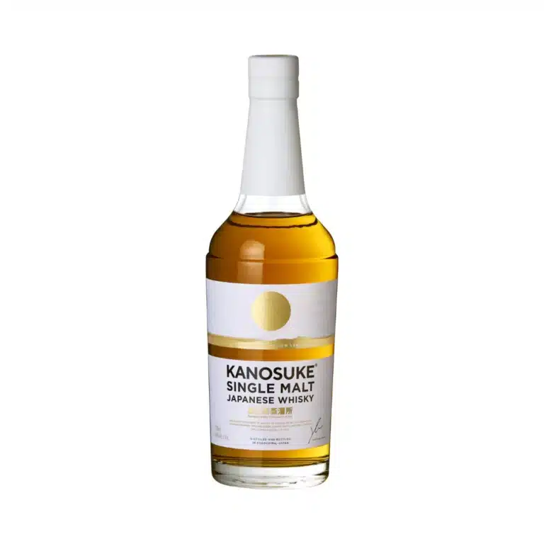 A bottle of Kanosuke Single Malt Japanese Whisky with a white label and gold accents.