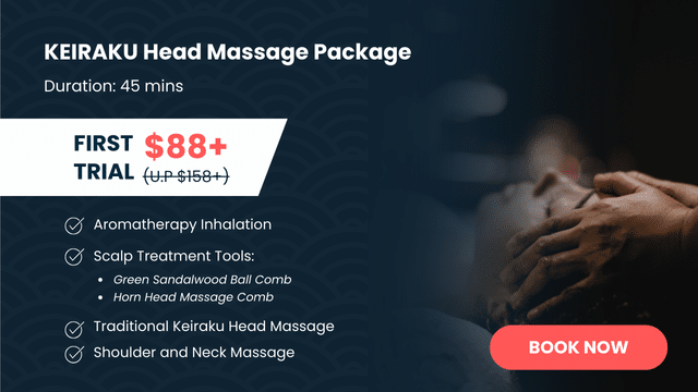 Graphic of an exclusive head massage package offer featuring soothing aromatherapy and rejuvenating scalp treatments. Price listed as + for the first trial, with a relaxing 45-minute duration.