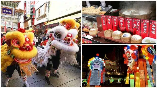 Lion dancers performing on a street, assorted steamed dumplings for sale, and colourful lantern figures lit up at night evoke the lively spirit of Chinese New Year celebrations in Japan.