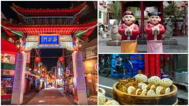 A colourful Chinatown gate at night, two traditional child statues, and a basket of dumplings and buns evoke the festive spirit of Chinese New Year in Japan.