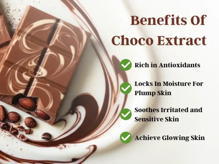 Chocolate bars and cocoa beans on a swirled chocolate background with text listing spa benefits of choco extract, such as antioxidants, skin moisture, soothing effects, and glowing skin.