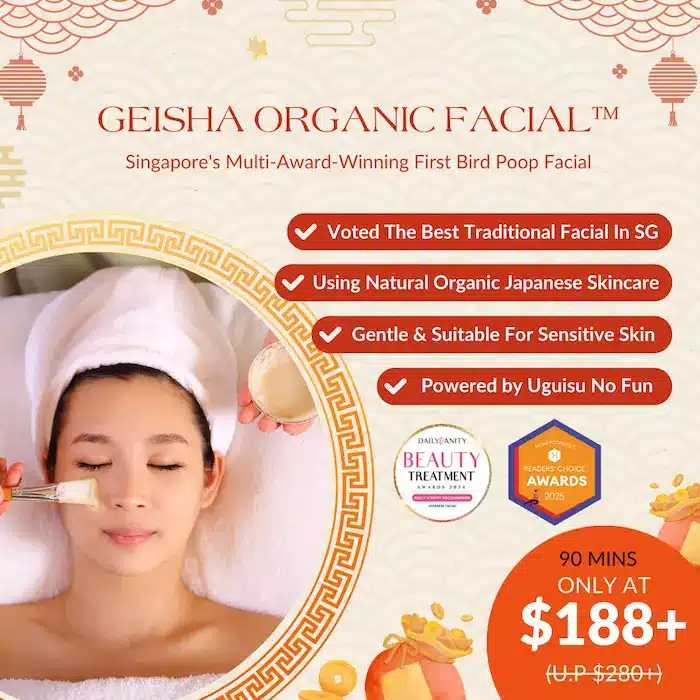 A woman receives a facial treatment as a brush applies cream to her face; promotional text highlights features of the Geisha Organic Facial and its discounted Chinese New Year Promotion price.