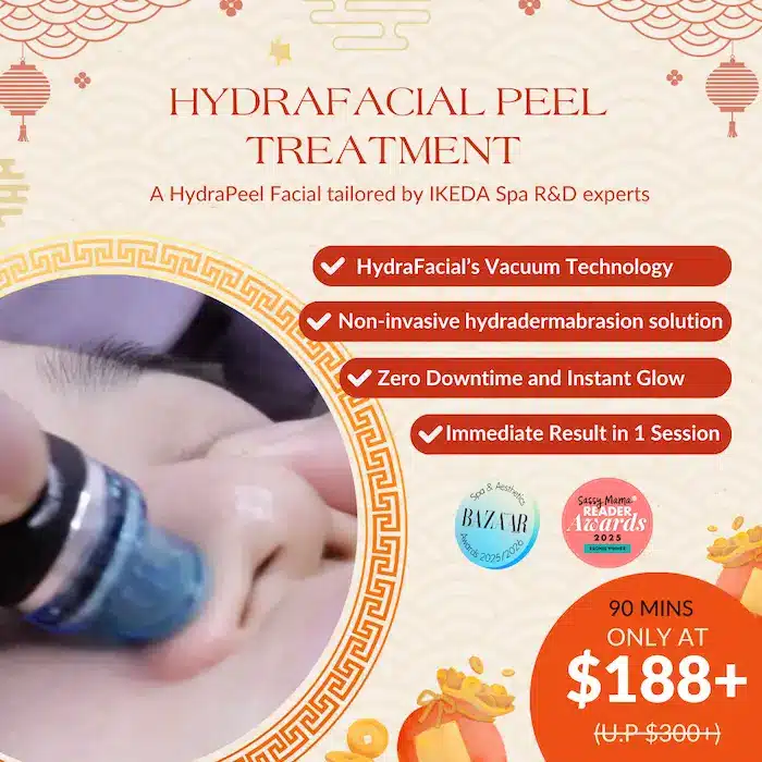 A person receives a hydrafacial peel treatment. Text highlights features such as HydraFacial’s vacuum technology, instant results, and a special Chinese New Year Promotion: 90 minutes for £188+.
