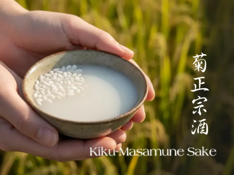 A person holds a bowl of cloudy sake with rice grains floating in it, the text "Kiku-Masamune Sake" and Japanese characters beside it—perfect for a spa retreat.