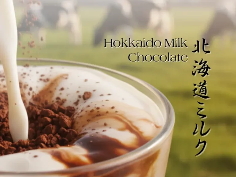 A close-up of milk being poured into a glass with chocolate powder, with cows grazing in the blurred background and text reading "Hokkaido Milk Chocolate" in English and Japanese, evoking a spa retreat.