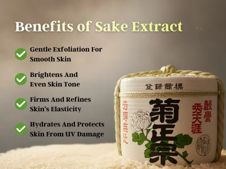 A traditional sake barrel is shown beside a list highlighting the skin benefits of sake extract—exfoliation, brightening, firming, and hydration—for a rejuvenating spa experience.