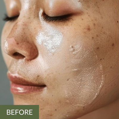 Close-up of a person's face with an onsen facial treatment applied. Text "BEFORE" appears at the bottom left.