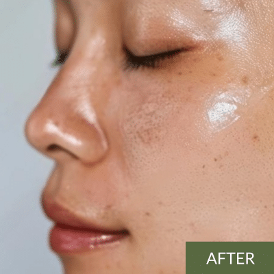 Close-up of a person's face showcasing a smooth, glowing complexion reminiscent of an onsen facial, with visible freckles. The person has closed eyes. A green label in the bottom right corner reads "AFTER.