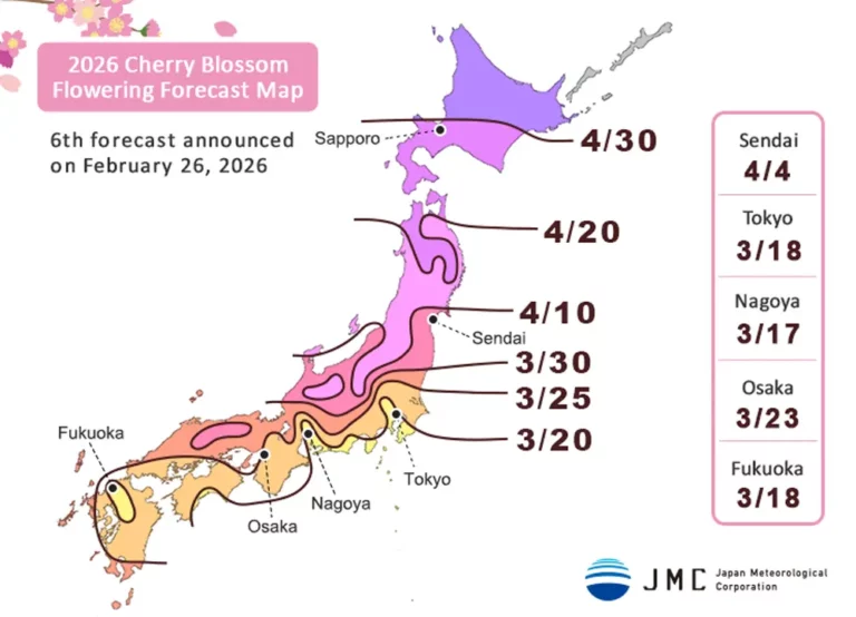 A map of Japan displays the 2026 cherry blossom forecast, highlighting flowering dates for major cities—ranging from 18 March in Tokyo to 30 April in Sapporo.