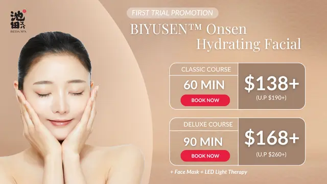 Promotional image for BIYUSEN™ Onsen Hydrating Facial, showcasing onsen facial prices for classic (60 min, $138+) and deluxe (90 min, $168+) courses, with a woman touching her face.