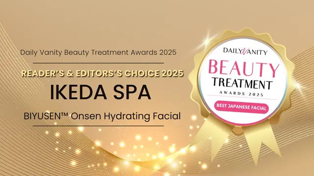 A gold award banner for Ikeda Spa's BIYUSEN Onsen Facial, winner of the Daily Vanity Beauty Treatment Awards 2025 for Best Japanese Facial.