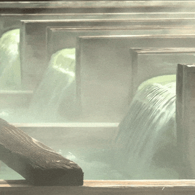 Steaming hot springs water cascades over wooden frames, creating a misty atmosphere.