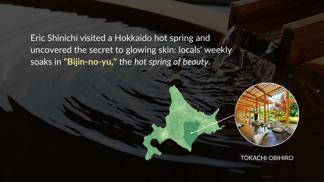 Map of Hokkaido and Tokachi Obihiro on the right, with an inset image of an indoor hot spring surrounded by stones and wooden beams. Text describes a hot spring visit.