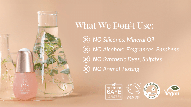 Skincare product image with text listing ingredients not used: silicones, mineral oil, alcohols, fragrances, parabens, synthetic dyes, sulfates, animal testing. Certified safe, cruelty-free, vegan.