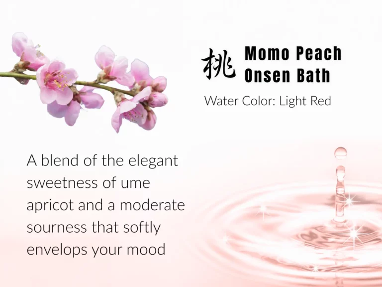 Pink peach blossoms and water ripples accompany text describing the Momo Peach Onsen Bath, highlighting its light red colour and sweet, sour fragrance notes—perfect for a refreshing Spring spa promotion.
