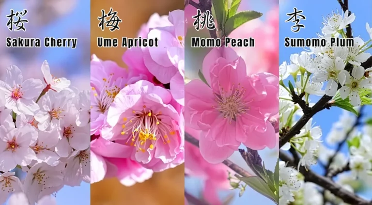 Four vertical panels show close-up blossoms of Sakura Cherry, Ume Apricot, Momo Peach, and Sumomo Plum, each labelled with text—perfect inspiration for a Spring spa promotion celebrating natural beauty in delicate sunlight.
