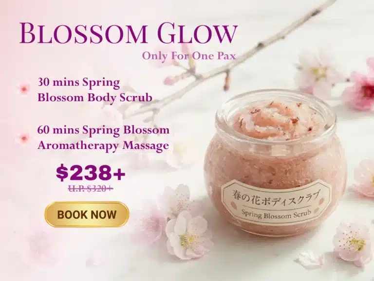 A jar of spring blossom scrub surrounded by pink flowers highlights a £238 Spring spa promotion—enjoy a body scrub and aromatherapy massage, with an inviting "Book Now" button.
