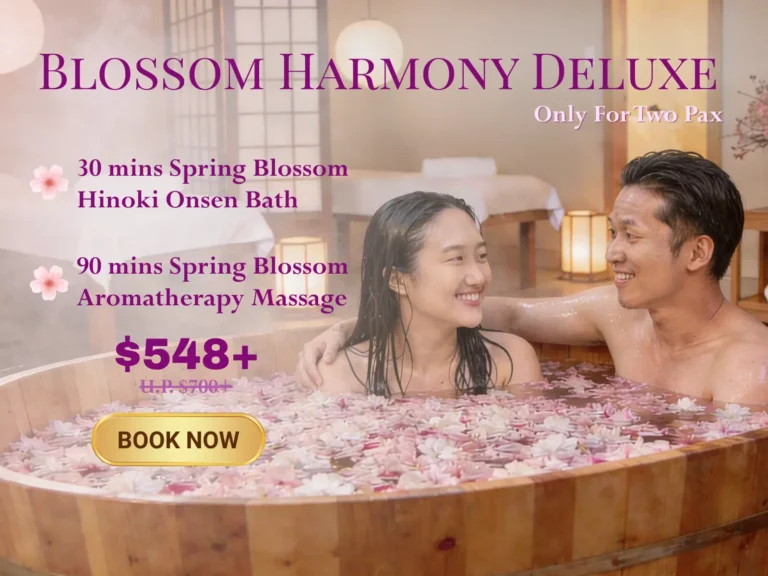 A smiling couple relaxes in a wooden bath with pink flower petals. Text highlights a Spring spa promotion package with bath and massage for two, priced at £548+, including a "Book Now" button.