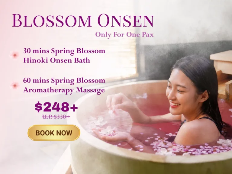 A woman relaxes in a wooden bath filled with pink water and flower petals; text highlights a Blossom Onsen Spring spa promotion featuring a luxurious bath and massage for £248+.
