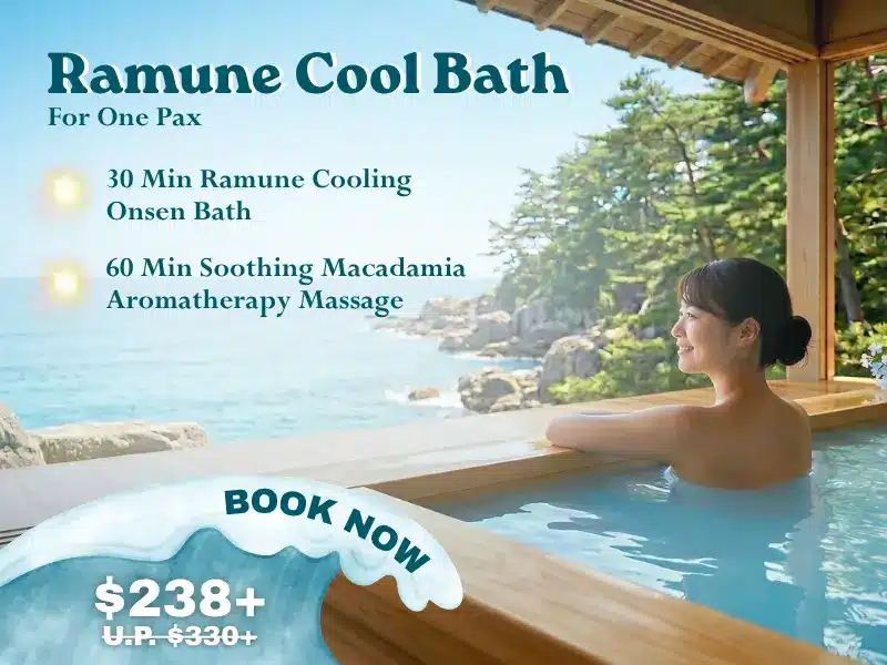 A woman relaxes in an outdoor onsen overlooking a scenic view, featuring a summer spa promotion: Ramune Cool Bath and aromatherapy massage package for £238+.