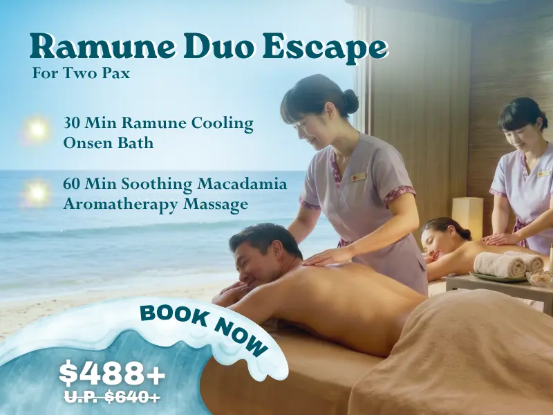 Two people enjoy massages in a spa room with a beach view; the summer spa promotion highlights the Ramune Duo Escape package for two at £488+, featuring relaxing massages and a blissful bath.