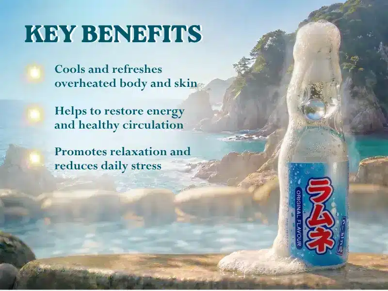 A Ramune soda bottle sits on a rock by the sea, surrounded by foam, with text listing its key benefits: cooling, energy restoration, and relaxation