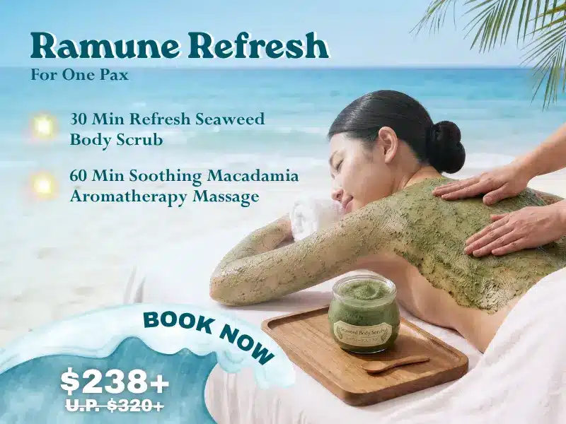 A woman receives a seaweed body scrub massage on her back at a beachside spa. Text highlights the Ramune Refresh treatment, summer spa promotion, and pricing details.