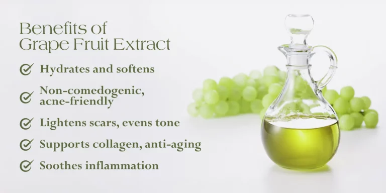 A glass carafe of green oil sits in front of green grapes, with text listing benefits of grape fruit extract—hydration, anti-aging, scar lightening, and soothing inflammation.