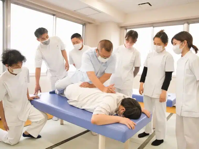 A group of people in white uniforms and masks at a shiatsu massage school observe a practitioner demonstrating a therapy technique on a person lying face down on a treatment table.