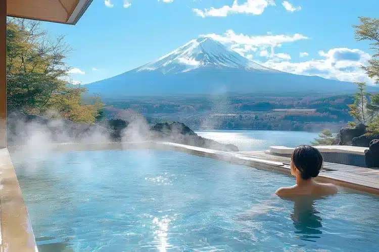 A person relaxes in an outdoor hot spring bath, reminiscent of an onsen Singapore might offer, with a clear view of Mount Fuji in the background on a sunny day.