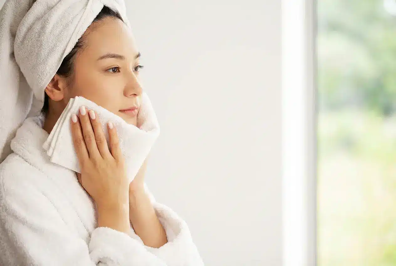 A person in a white dressing gown and towel turban gently dries their face with a white towel, standing by a bright window after enjoying an onsen Singapore experience.