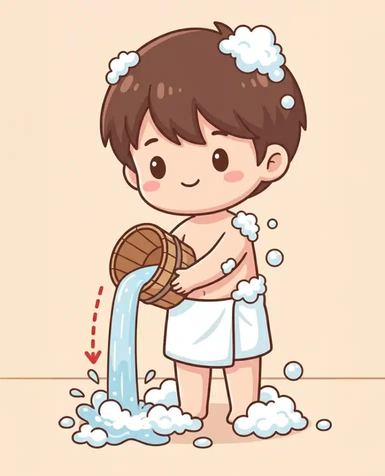 Cartoon boy with brown hair covered in soap bubbles, wearing a towel, pouring water from a wooden bucket onto the floor—just like enjoying an onsen Singapore style.
