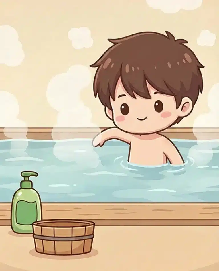 A cartoon child with brown hair bathes in a steaming tub, evoking an onsen Singapore vibe. Nearby, a bottle of soap and a wooden basket rest on the floor.