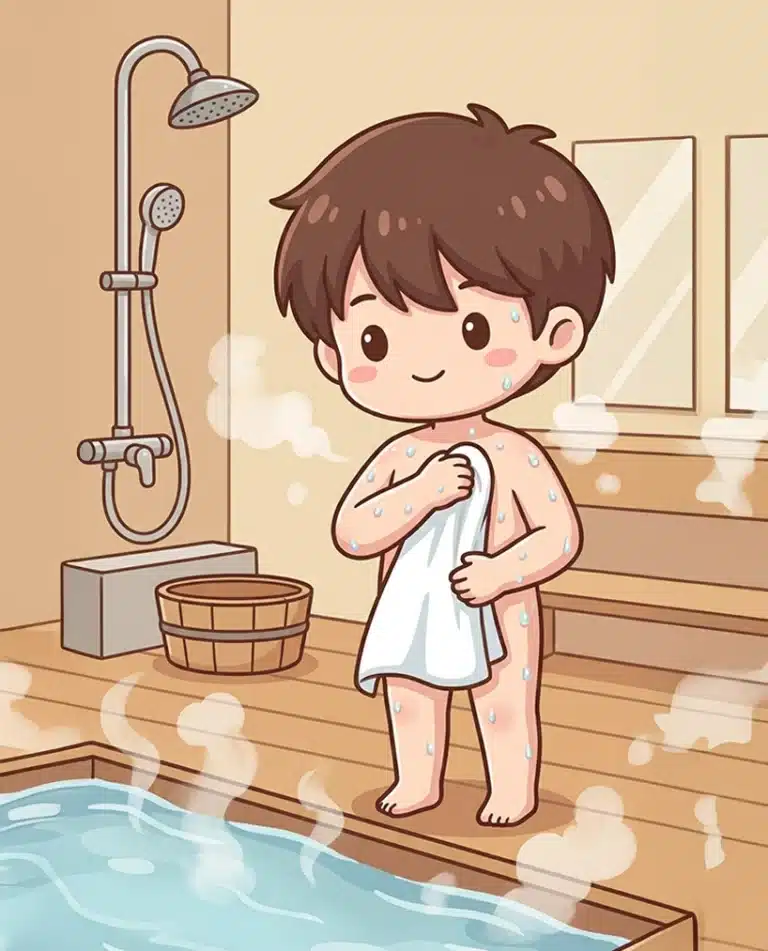Cartoon child drying off with a towel in a steamy onsen Singapore bathhouse, standing near a shower, basket, and a pool of hot water.