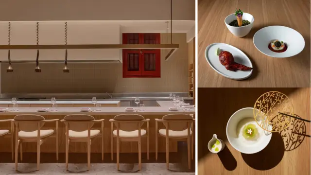 Modern restaurant interior with a wooden bar and chairs on the left; on the right, three images of artfully plated Michelin-worthy gourmet dishes on wooden and white surfaces.