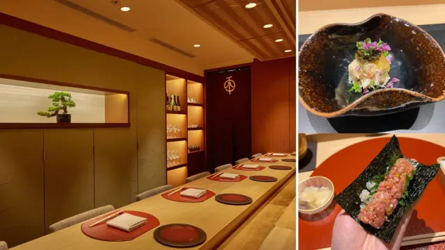 A minimalist Japanese dining room with a set table, a brown bowl of sashimi, and a hand holding a seaweed-wrapped sushi piece, evoking the refined ambience of a Michelin-worthy culinary experience.