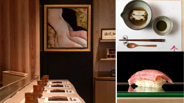 A modern sushi restaurant interior with set tables on the left; on the right, close-up shots of tofu in broth and a piece of sushi on a green surface, evoking the refined ambience of a Michelin-acclaimed dining experience.