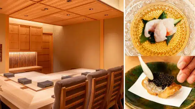 A minimalist sushi restaurant interior is shown next to close-ups of sashimi on a glass plate and a hand adding caviar to a sushi dish, evoking the refined elegance of a Michelin dining experience.