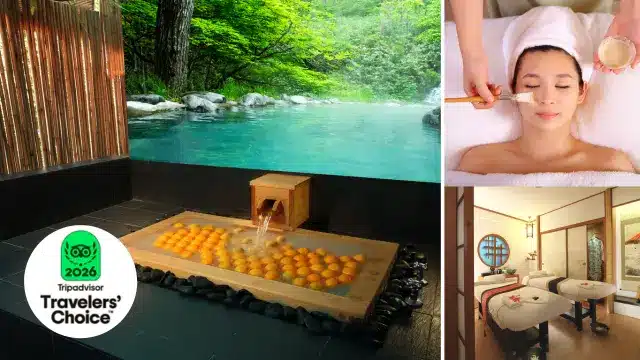 Collage of a hot spring bath with oranges, a woman receiving a facial, a massage room reminiscent of Michelin-level luxury, and a 2024 Tripadvisor Travellersβ Choice badge.