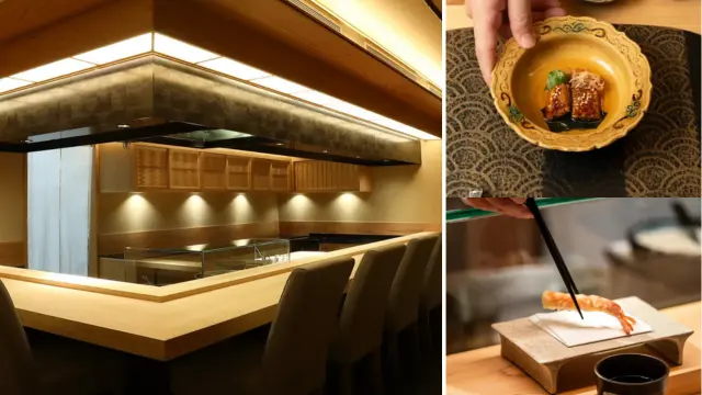 A modern sushi restaurant interior with a wooden counter exudes sophistication reminiscent of a Michelin dining experience. Inset images show hands serving sushi and using chopsticks to pick up food from a plate, highlighting the restaurantβs attention to detail and culinary excellence.