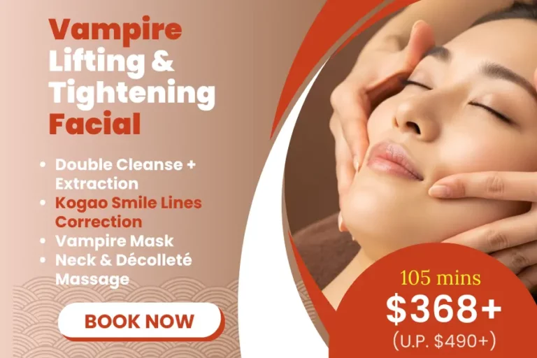 A woman receives a lifting and tightening facial massage; an advert promotes a 105-minute Lifting and Tightening Vampire Facial for £368+, listing treatment details and a "Book Now" button.