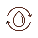 A simple line drawing of a droplet surrounded by two circular arrows, indicating a concept of water cycle or recycling.