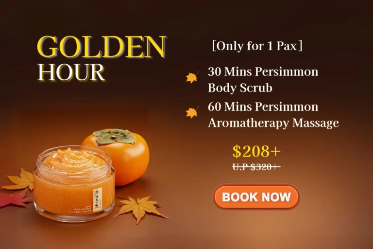 Promotional image for a "Golden Hour" spa package—featuring a persimmon body scrub and aromatherapy massage for $208+—perfect for those seeking Spa Deals in Singapore. Persimmon and scrub jar elegantly showcased.